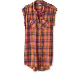 KAVU Orange Plaid Cotton Long Tunic Shirt Dress Collared XS/S